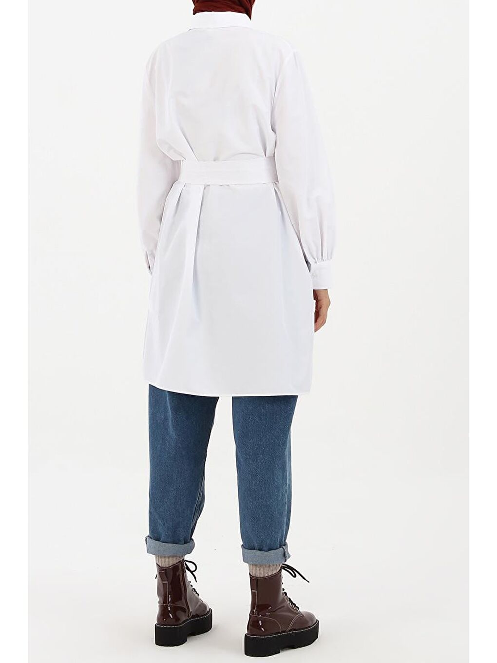 Beyaz-Balon Kol Kemer Detaylı Gömlek-3