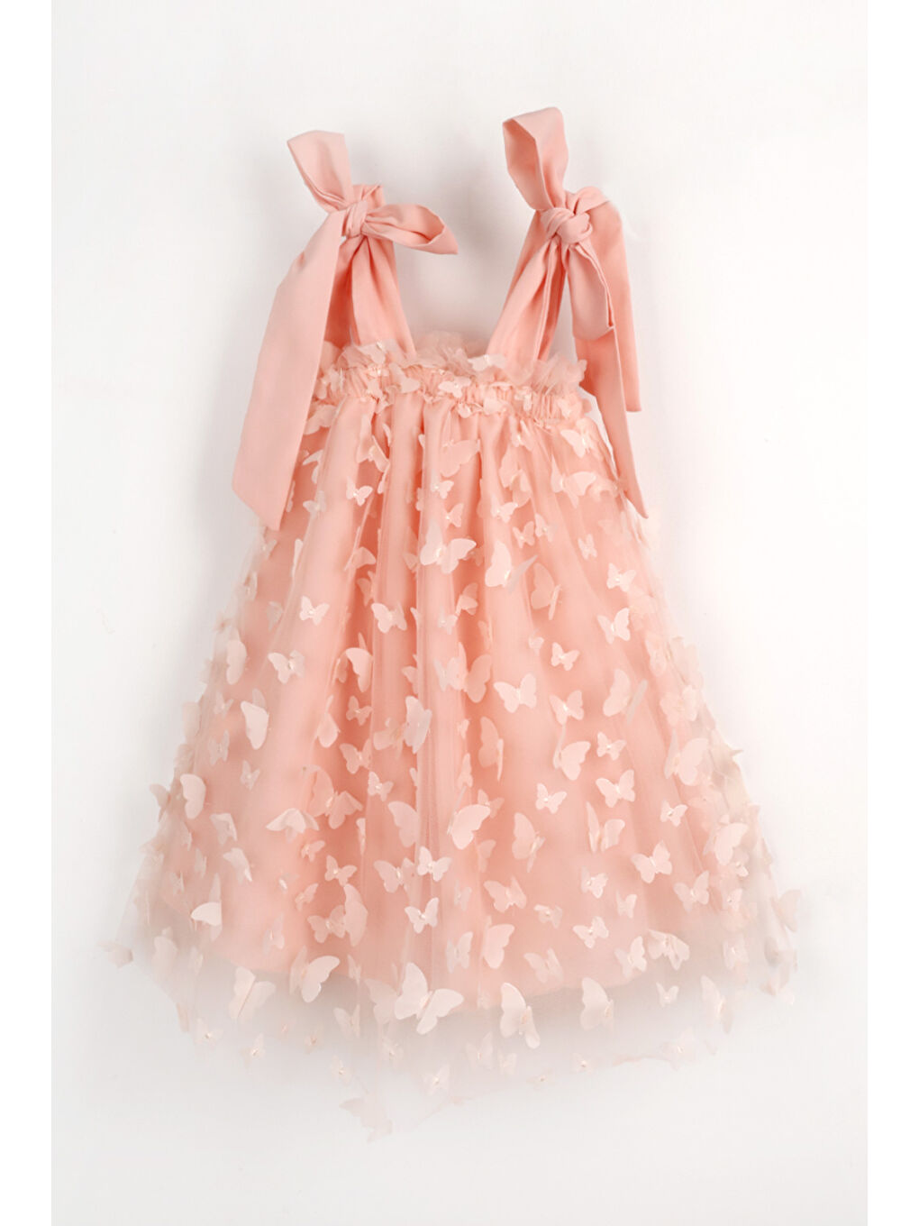 Pembe Somon Omuzdan Bağlamalı Kelebek Aplikeli Kız Çocuk Elbise - Nikki-2