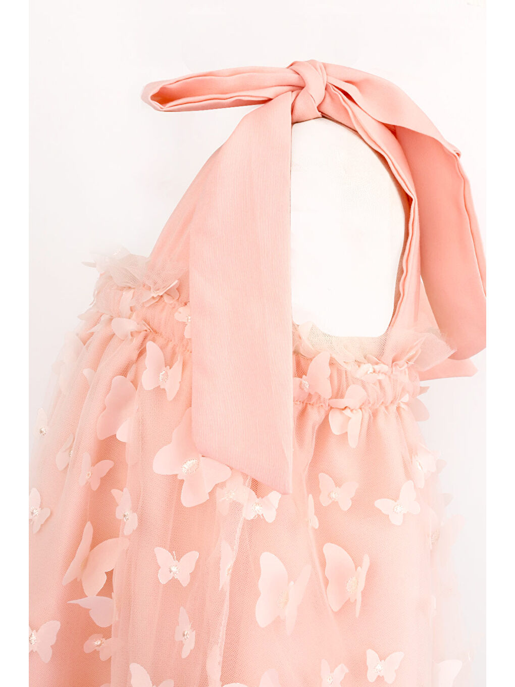 Pembe Somon Omuzdan Bağlamalı Kelebek Aplikeli Kız Çocuk Elbise - Nikki-4