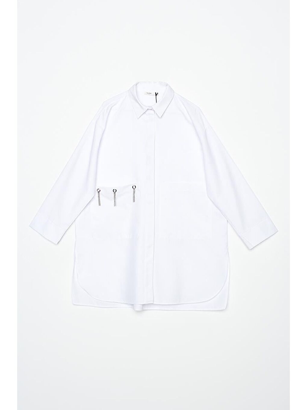 Beyaz Büyük Cepli Kuşgözlü Oversize Gömlek-5