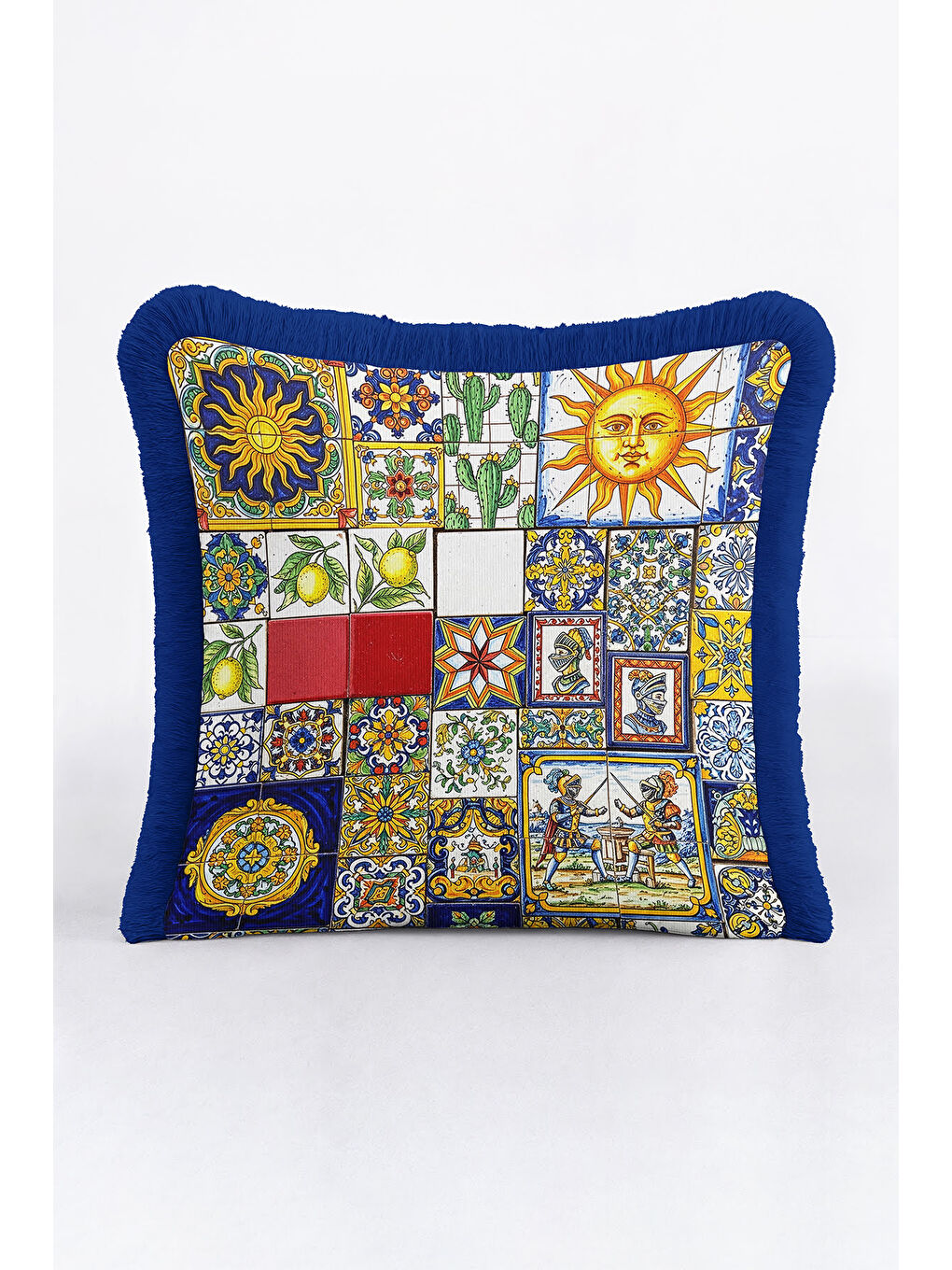 Karışık Akdeniz Renkli Mozaik Saçaklı Yastık Kılıfı - Eklektik Sanat Mavi Gold Püsküllü Kırlent Kılıfı-1