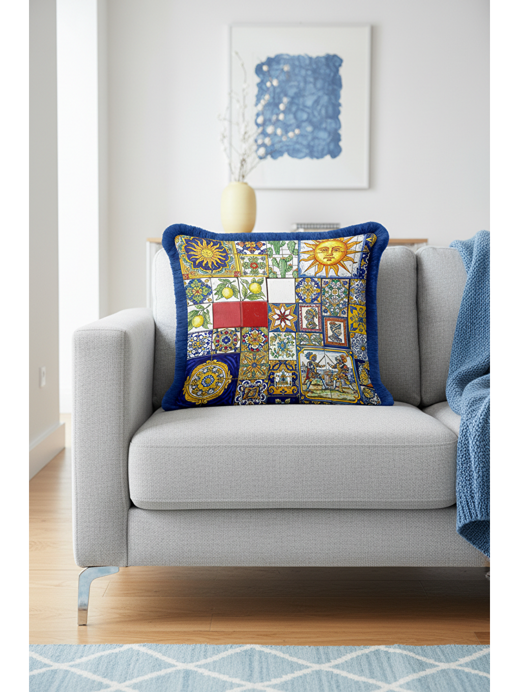 Karışık Akdeniz Renkli Mozaik Saçaklı Yastık Kılıfı - Eklektik Sanat Mavi Gold Püsküllü Kırlent Kılıfı-2