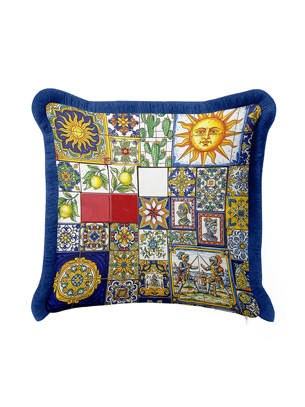 Karışık Akdeniz Renkli Mozaik Saçaklı Yastık Kılıfı - Eklektik Sanat Mavi Gold Püsküllü Kırlent Kılıfı-3
