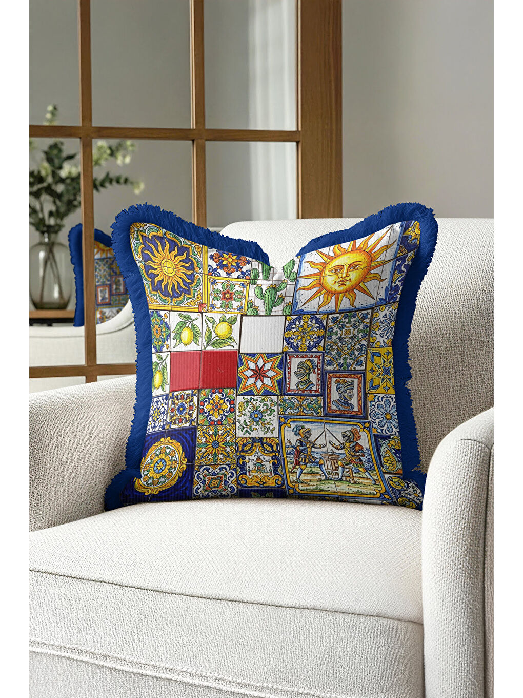 Karışık Akdeniz Renkli Mozaik Saçaklı Yastık Kılıfı - Eklektik Sanat Mavi Gold Püsküllü Kırlent Kılıfı-4