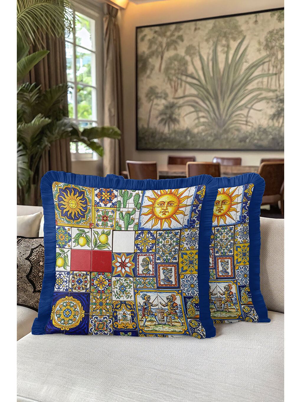 Karışık Akdeniz Renkli Mozaik Saçaklı Yastık Kılıfı - Eklektik Sanat Mavi Gold Püsküllü Kırlent Kılıfı-5