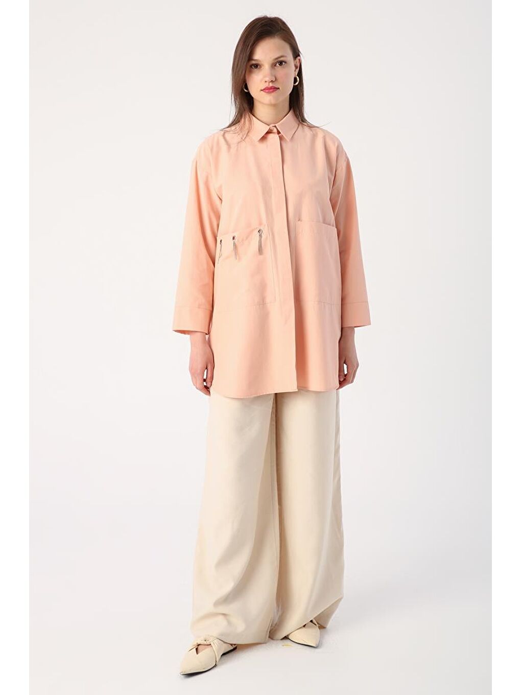 Pembe Somon Büyük Cepli Kuşgözlü Oversize Gömlek-1