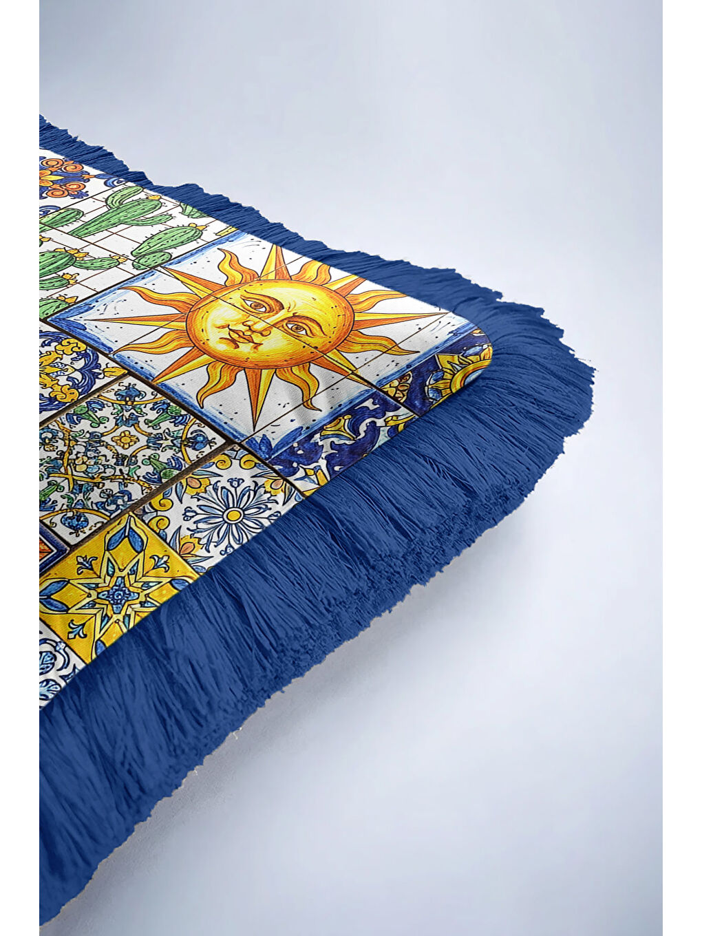 Karışık Akdeniz Renkli Mozaik Saçaklı Yastık Kılıfı - Eklektik Sanat Mavi Gold Püsküllü Kırlent Kılıfı-6