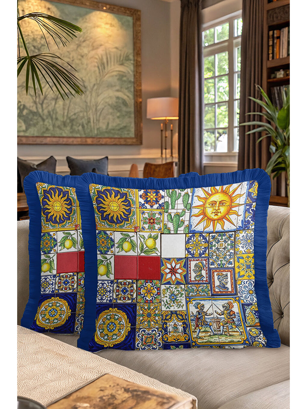 Karışık Akdeniz Renkli Mozaik Saçaklı Yastık Kılıfı - Eklektik Sanat Mavi Gold Püsküllü Kırlent Kılıfı-7