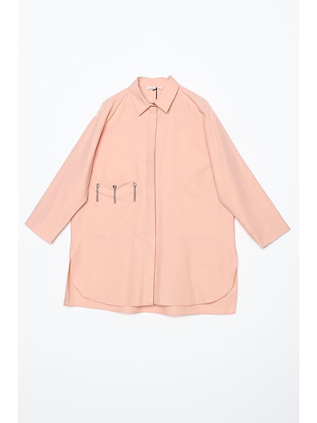 Pembe Somon Büyük Cepli Kuşgözlü Oversize Gömlek-5