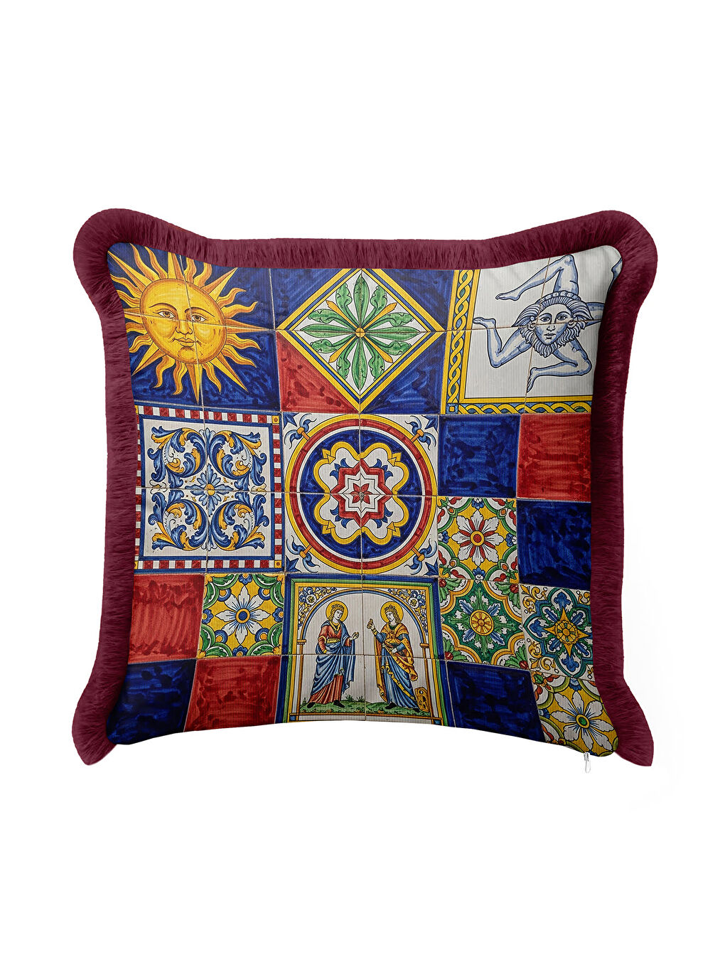 Karışık Akdeniz Çini Motifli Saçaklı Yastık Kılıfı - Retro Sanat Renkli Bordo Püsküllü Kırlent Kılıfı-1