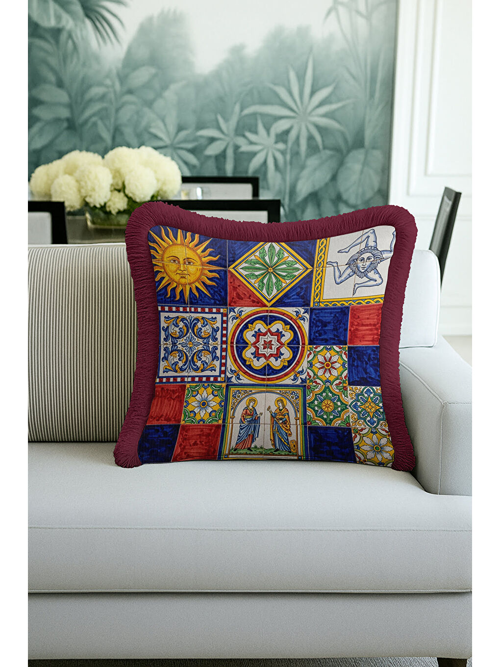 Karışık Akdeniz Çini Motifli Saçaklı Yastık Kılıfı - Retro Sanat Renkli Bordo Püsküllü Kırlent Kılıfı-2