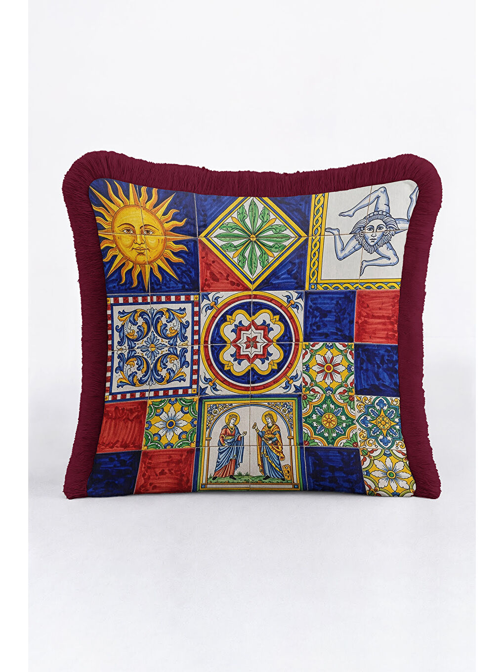 Karışık Akdeniz Çini Motifli Saçaklı Yastık Kılıfı - Retro Sanat Renkli Bordo Püsküllü Kırlent Kılıfı-3