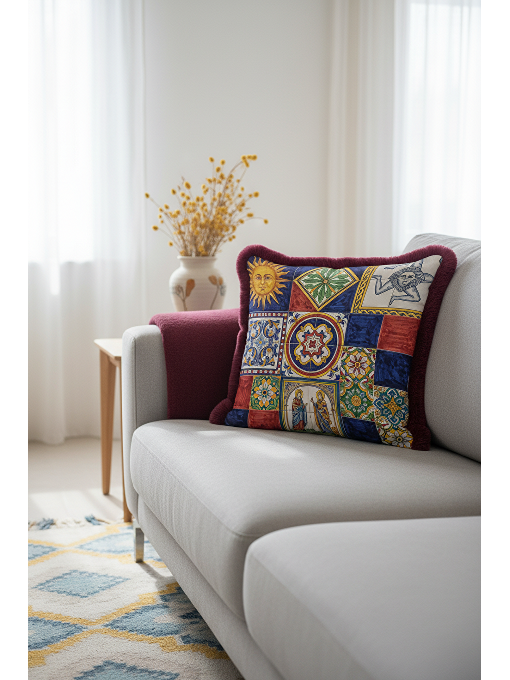 Karışık Akdeniz Çini Motifli Saçaklı Yastık Kılıfı - Retro Sanat Renkli Bordo Püsküllü Kırlent Kılıfı-4