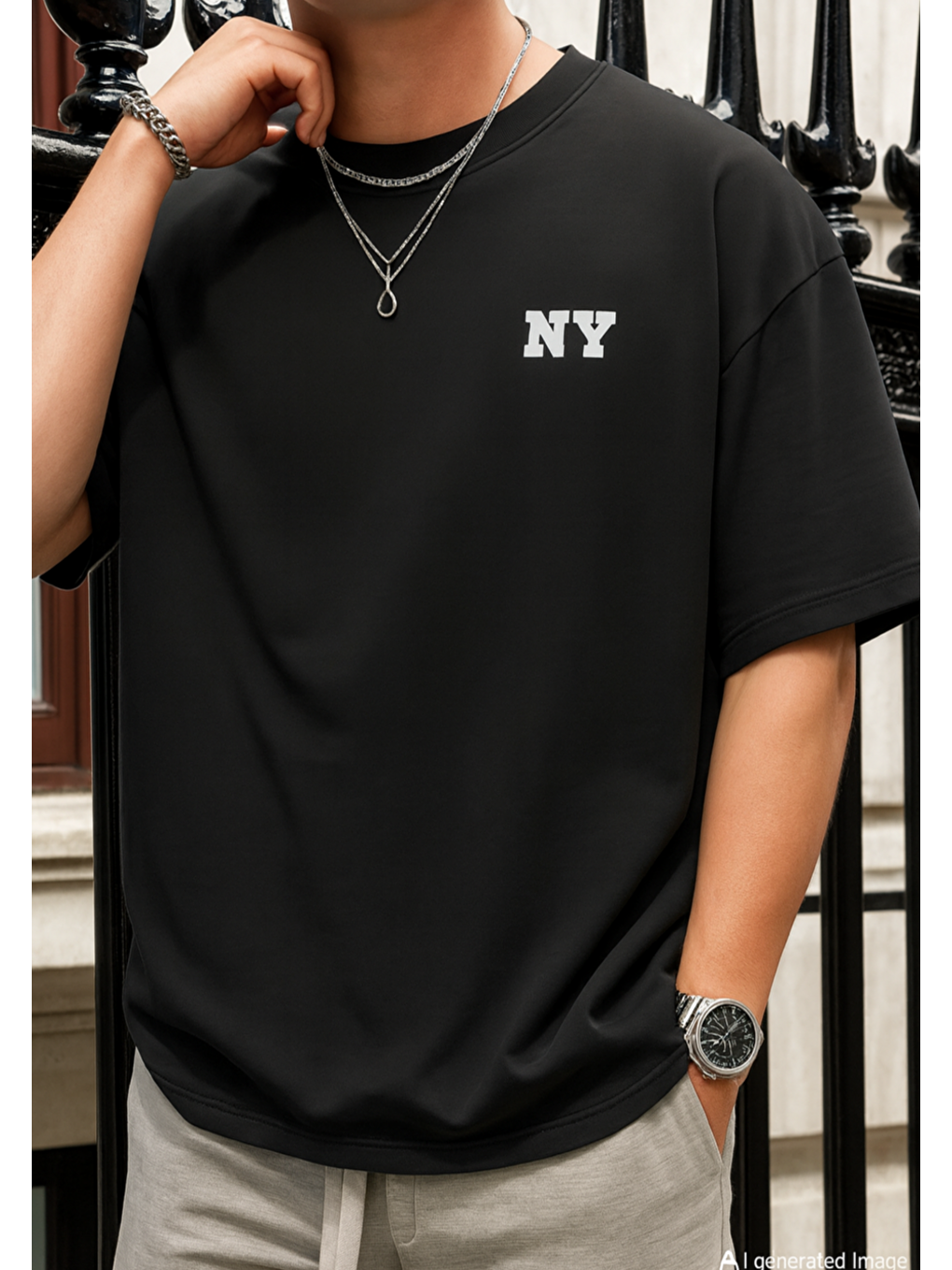 Gri Füme NY Baskılı Oversize Erkek Kısa Kollu Tişört