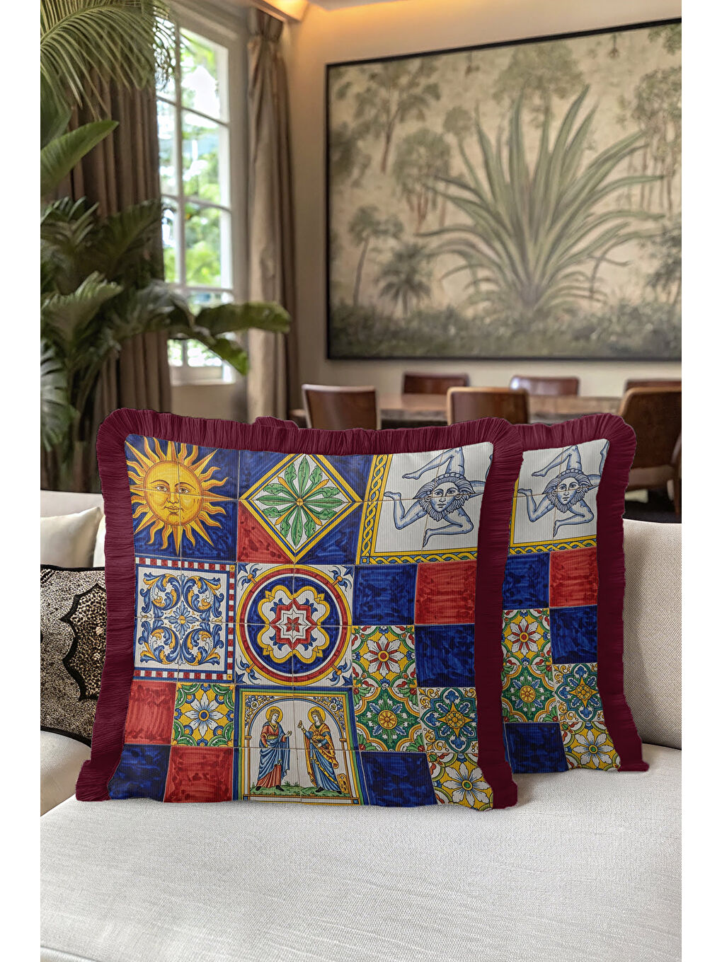 Karışık Akdeniz Çini Motifli Saçaklı Yastık Kılıfı - Retro Sanat Renkli Bordo Püsküllü Kırlent Kılıfı-5