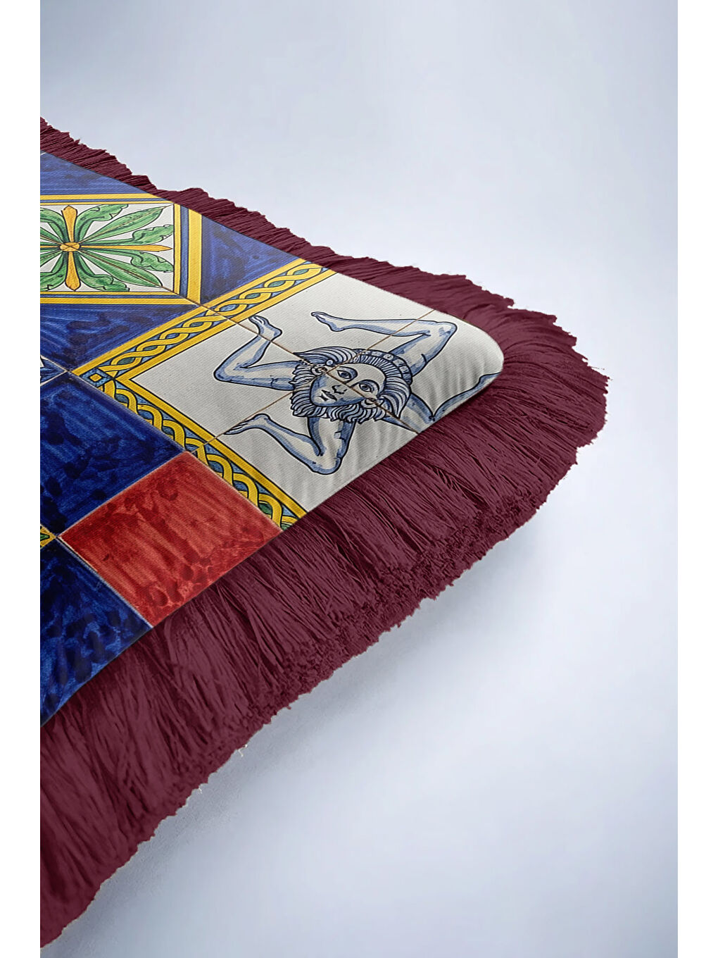 Karışık Akdeniz Çini Motifli Saçaklı Yastık Kılıfı - Retro Sanat Renkli Bordo Püsküllü Kırlent Kılıfı-6