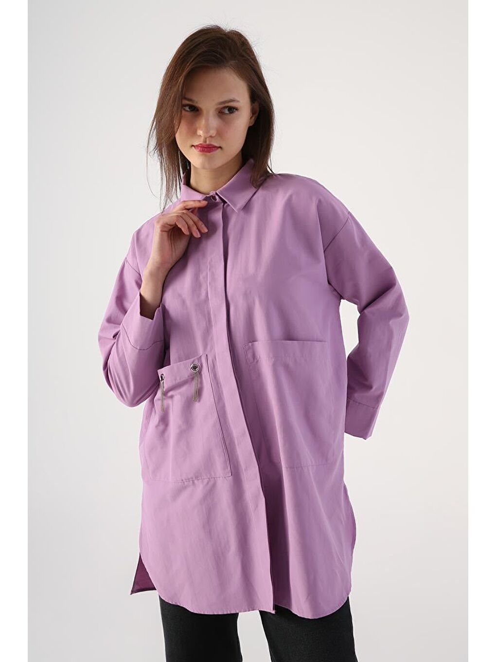 Lila Büyük Cepli Kuşgözlü Oversize Gömlek