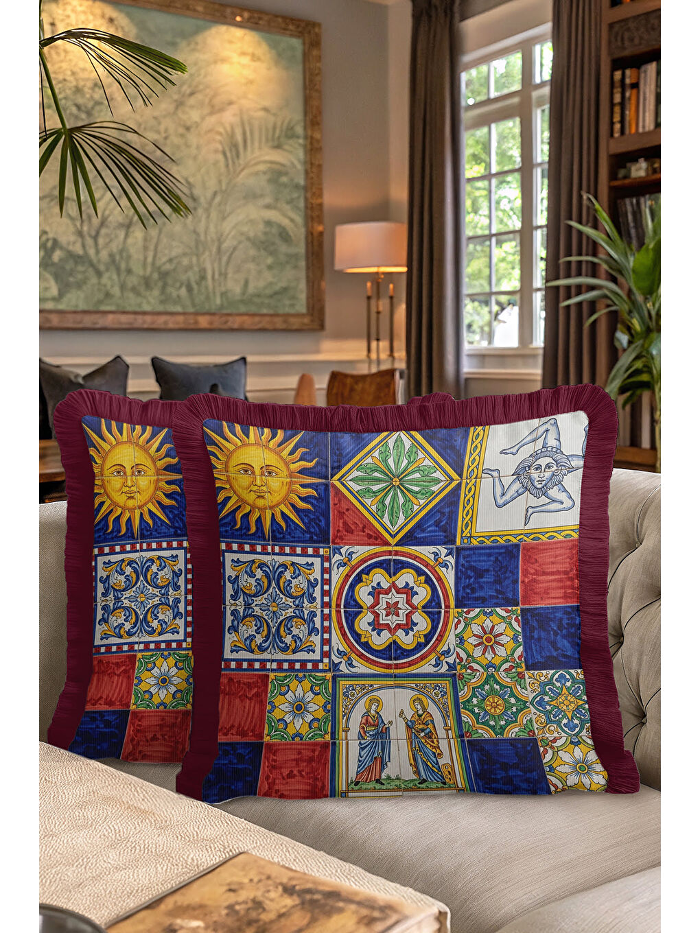 Karışık Akdeniz Çini Motifli Saçaklı Yastık Kılıfı - Retro Sanat Renkli Bordo Püsküllü Kırlent Kılıfı-7