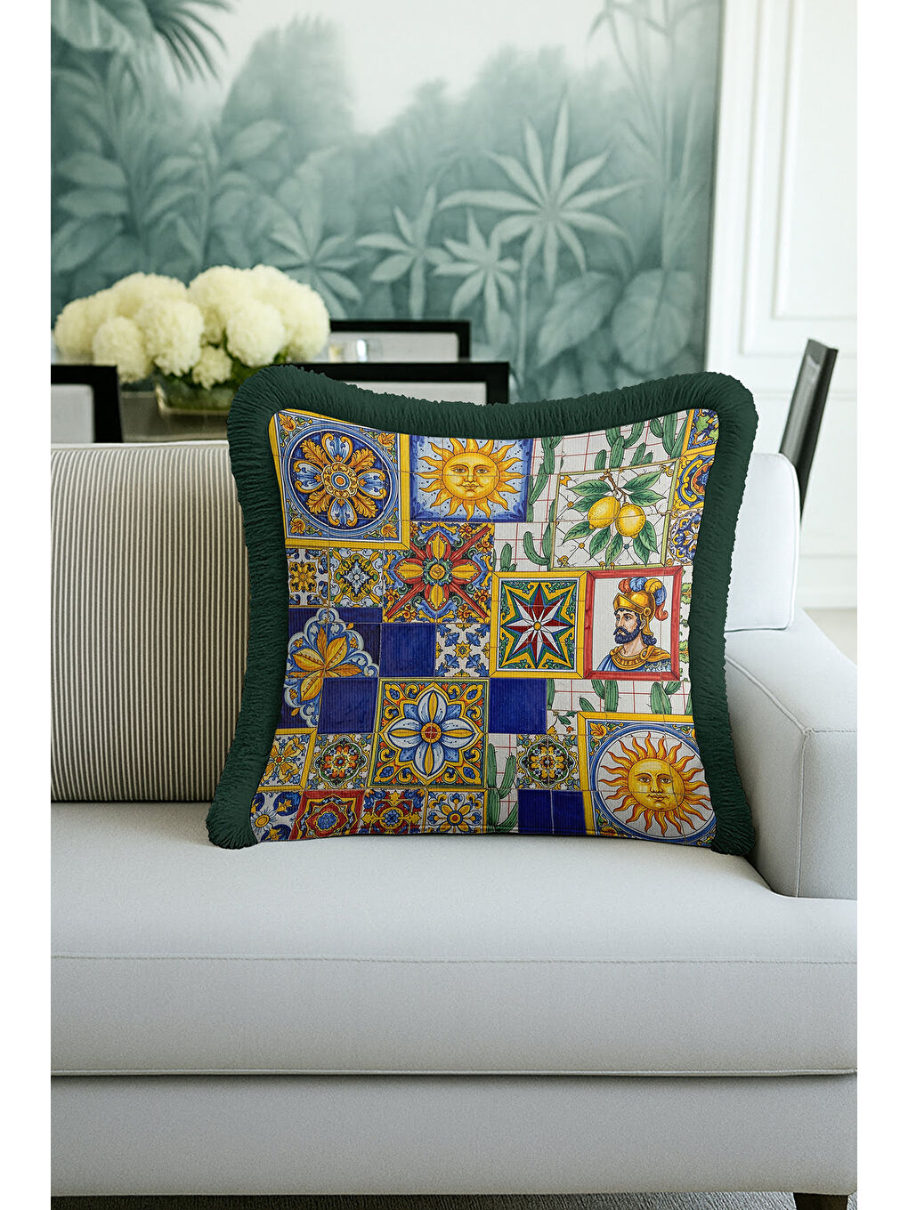Karışık İtalyan Seramik Mozaik Saçaklı Yastık Kılıfı - Renkli Etnik Lacivert Yeşil Püsküllü Kırlent Kılıfı