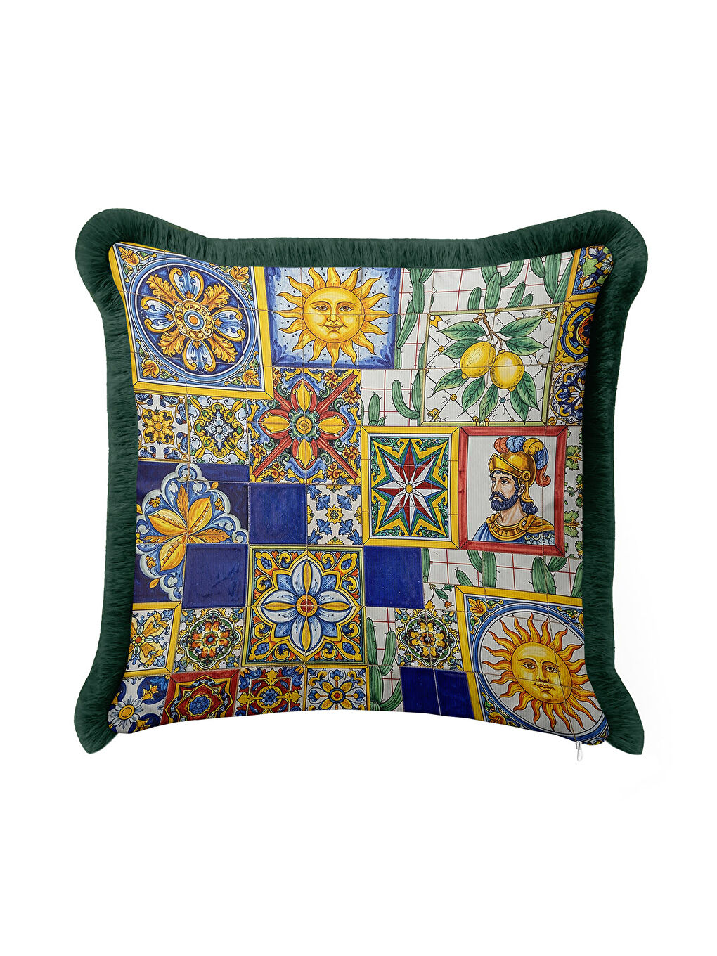 Karışık İtalyan Seramik Mozaik Saçaklı Yastık Kılıfı - Renkli Etnik Lacivert Yeşil Püsküllü Kırlent Kılıfı-1