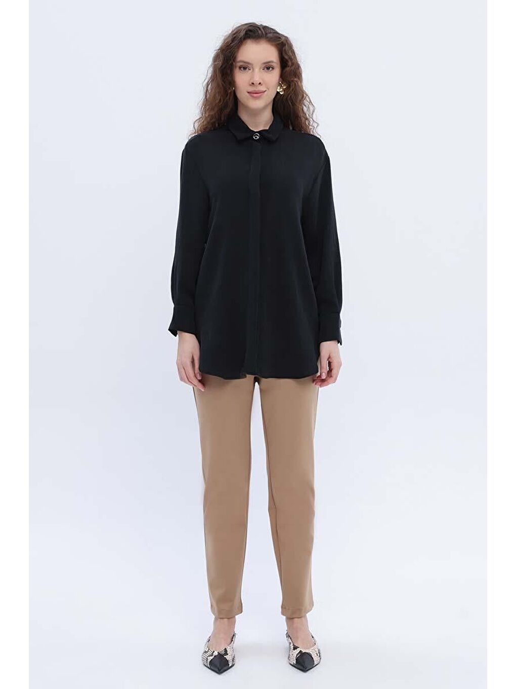 Siyah Gizli Patlı Metal Düğmeli Gömlek Tunik-1