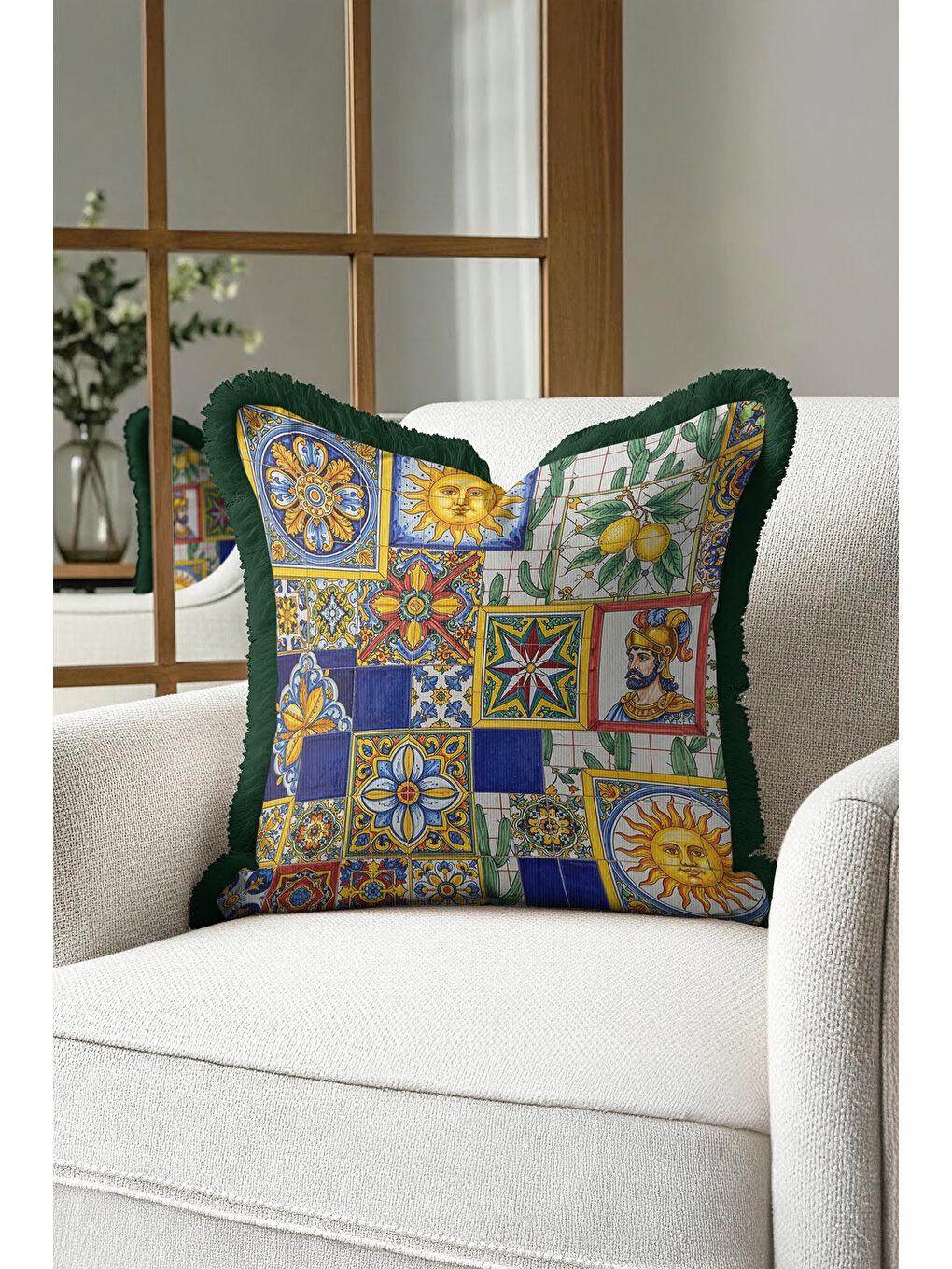 Karışık İtalyan Seramik Mozaik Saçaklı Yastık Kılıfı - Renkli Etnik Lacivert Yeşil Püsküllü Kırlent Kılıfı-2