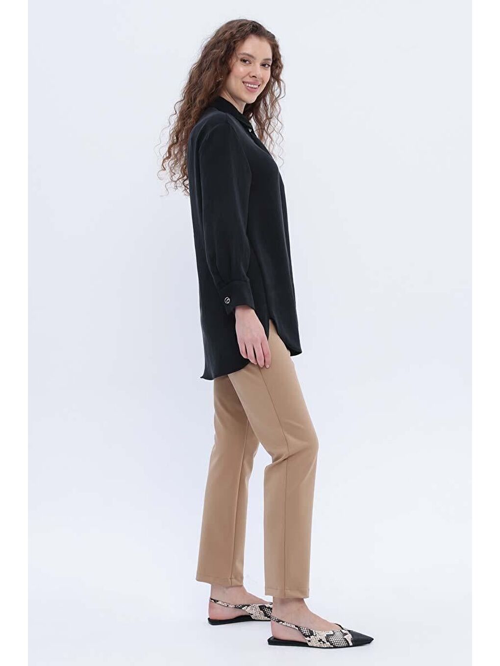 Siyah Gizli Patlı Metal Düğmeli Gömlek Tunik-2