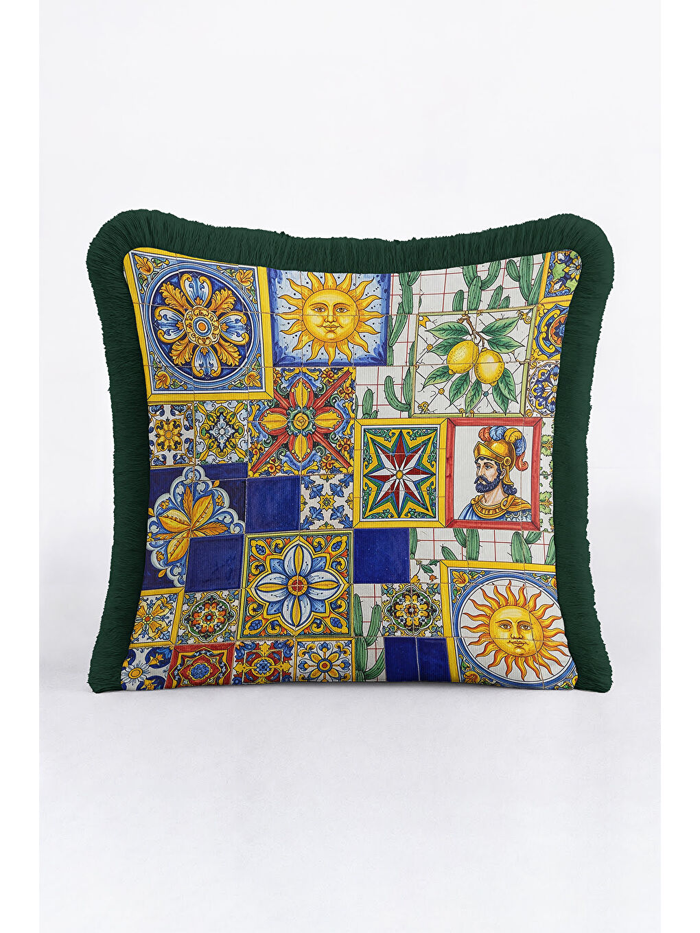Karışık İtalyan Seramik Mozaik Saçaklı Yastık Kılıfı - Renkli Etnik Lacivert Yeşil Püsküllü Kırlent Kılıfı-3