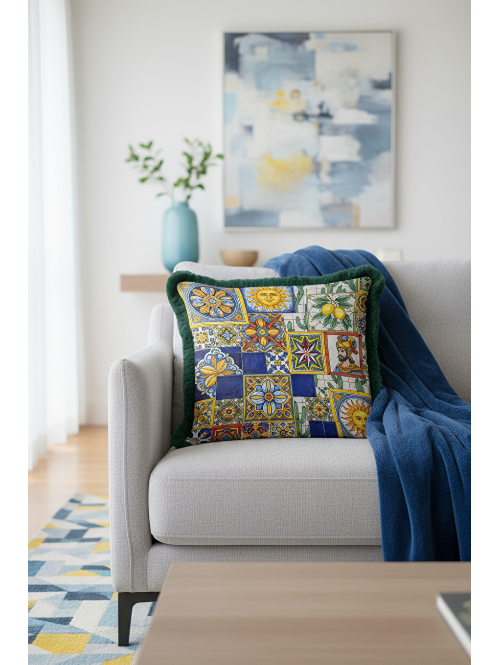 Karışık İtalyan Seramik Mozaik Saçaklı Yastık Kılıfı - Renkli Etnik Lacivert Yeşil Püsküllü Kırlent Kılıfı-4