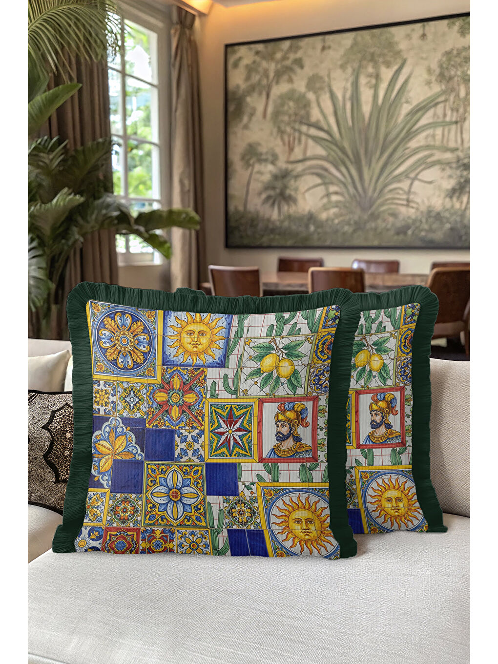 Karışık İtalyan Seramik Mozaik Saçaklı Yastık Kılıfı - Renkli Etnik Lacivert Yeşil Püsküllü Kırlent Kılıfı-5