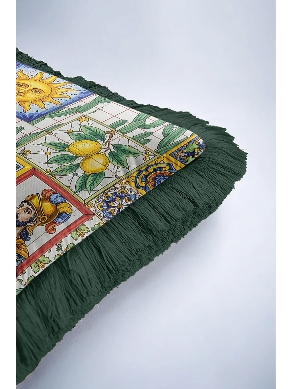 Karışık İtalyan Seramik Mozaik Saçaklı Yastık Kılıfı - Renkli Etnik Lacivert Yeşil Püsküllü Kırlent Kılıfı-6