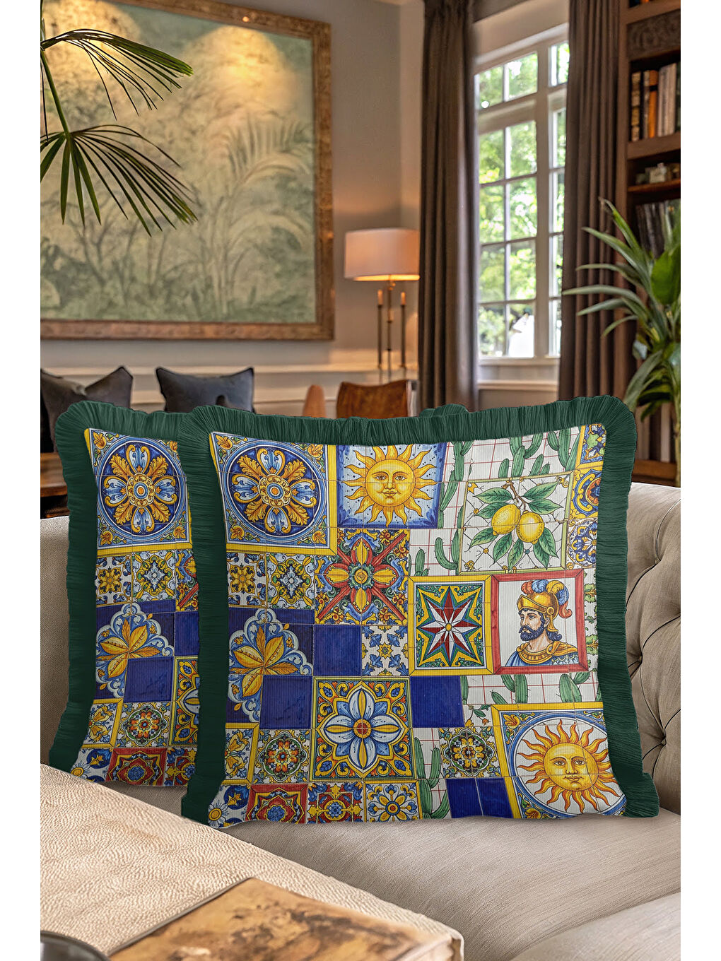 Karışık İtalyan Seramik Mozaik Saçaklı Yastık Kılıfı - Renkli Etnik Lacivert Yeşil Püsküllü Kırlent Kılıfı-7
