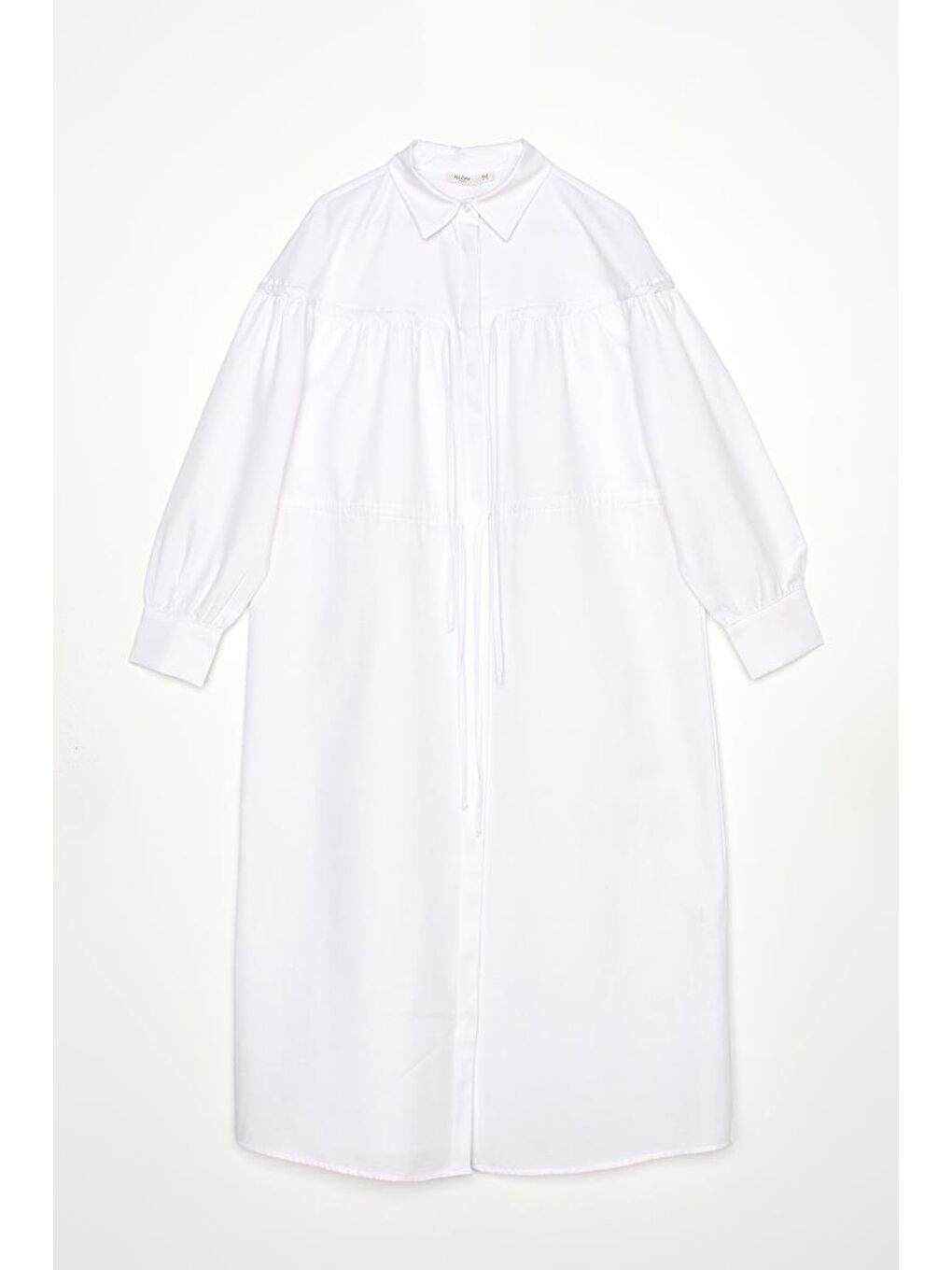 Beyaz-Bağcık Detaylı Büzgülü Gömlek-5