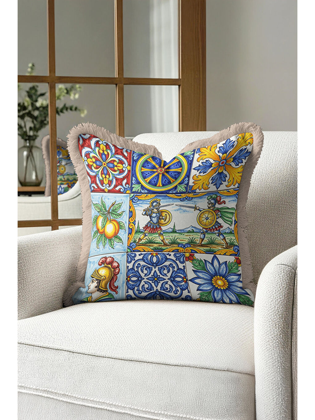 Karışık Lüks Akdeniz Mozaik Saçaklı Yastık Kılıfı - Renkli Retro Klasik Altın Renkli Püsküllü Kırlent Kılıfı