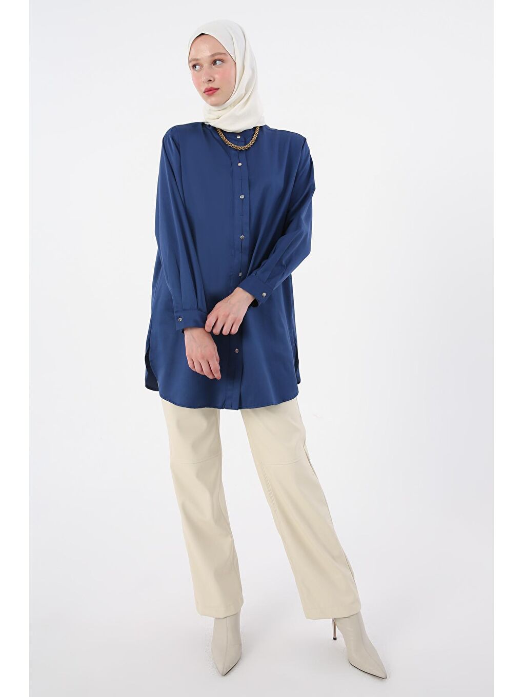 Lacivert Hakim Yaka Saten Gömlek Tunik