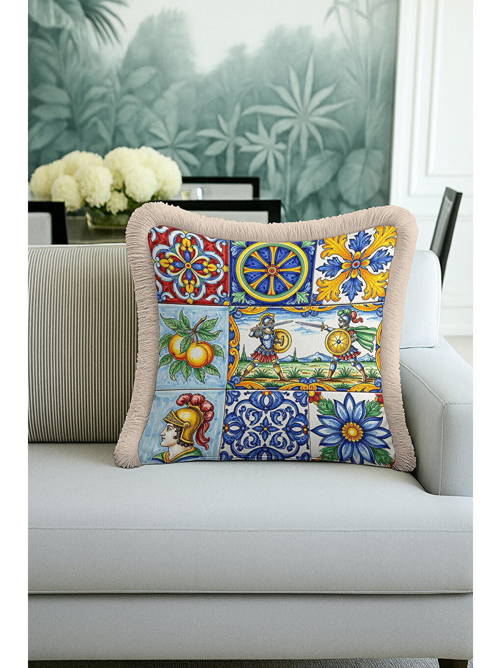 Karışık Lüks Akdeniz Mozaik Saçaklı Yastık Kılıfı - Renkli Retro Klasik Altın Renkli Püsküllü Kırlent Kılıfı-1