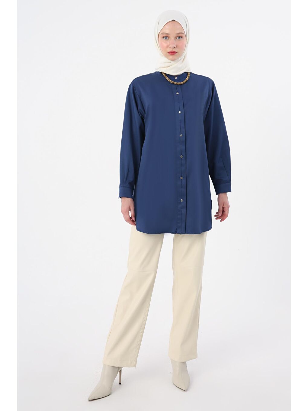 Lacivert Hakim Yaka Saten Gömlek Tunik-1