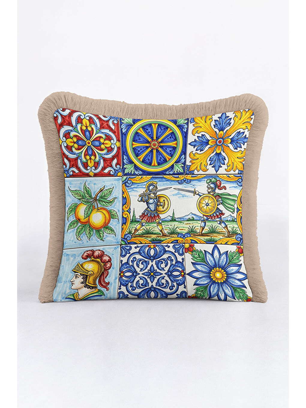 Karışık Lüks Akdeniz Mozaik Saçaklı Yastık Kılıfı - Renkli Retro Klasik Altın Renkli Püsküllü Kırlent Kılıfı-3