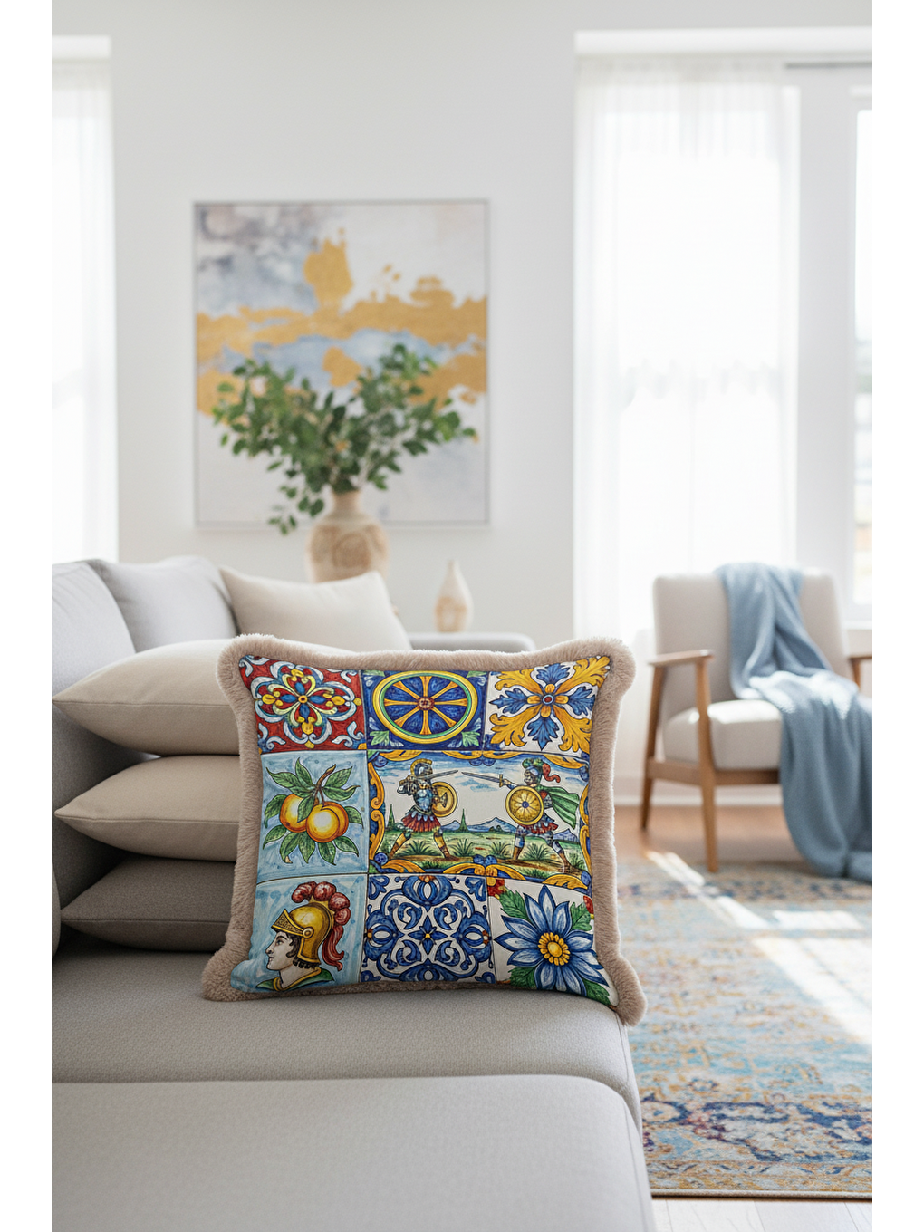 Karışık Lüks Akdeniz Mozaik Saçaklı Yastık Kılıfı - Renkli Retro Klasik Altın Renkli Püsküllü Kırlent Kılıfı-4