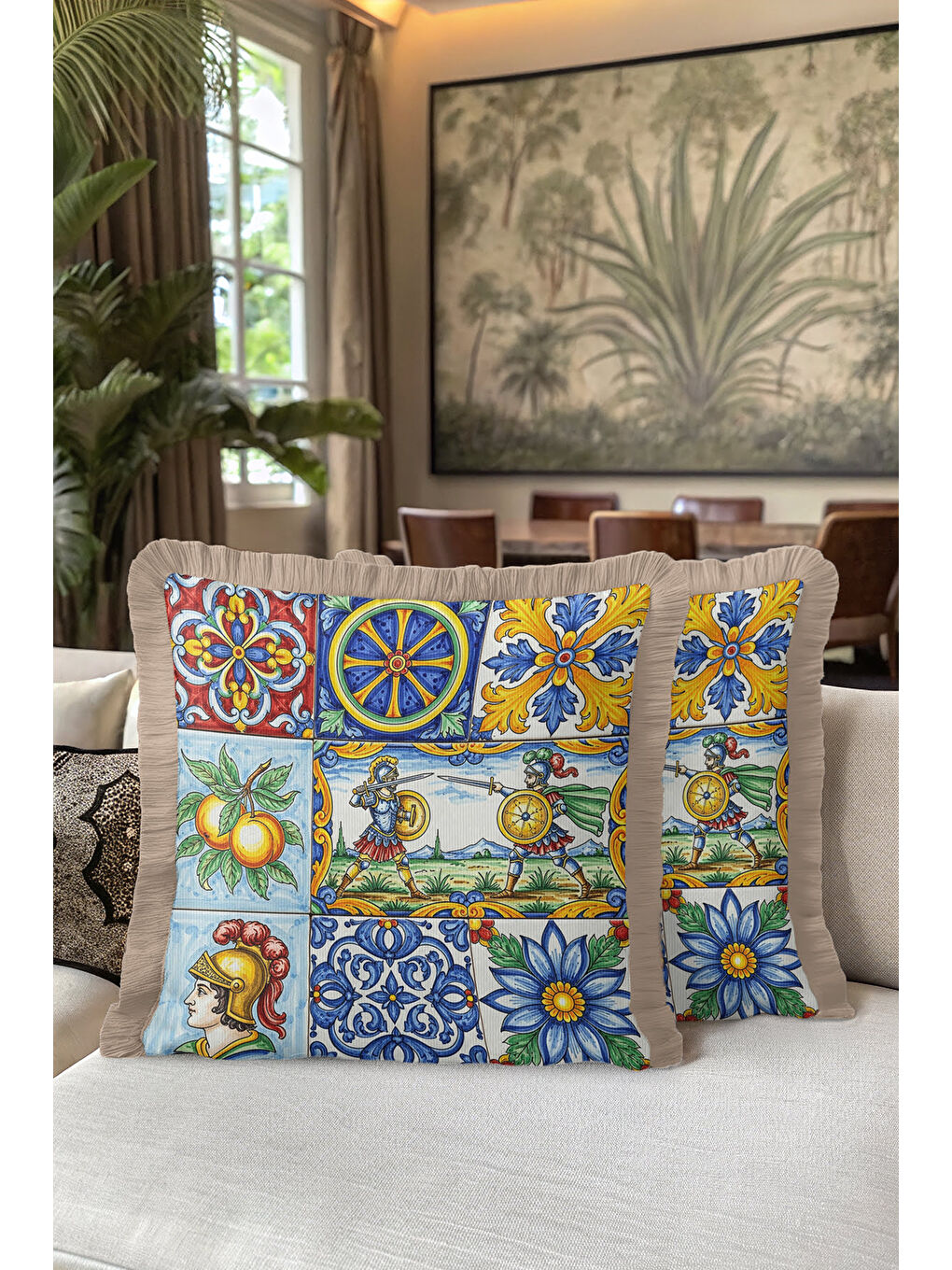 Karışık Lüks Akdeniz Mozaik Saçaklı Yastık Kılıfı - Renkli Retro Klasik Altın Renkli Püsküllü Kırlent Kılıfı-5