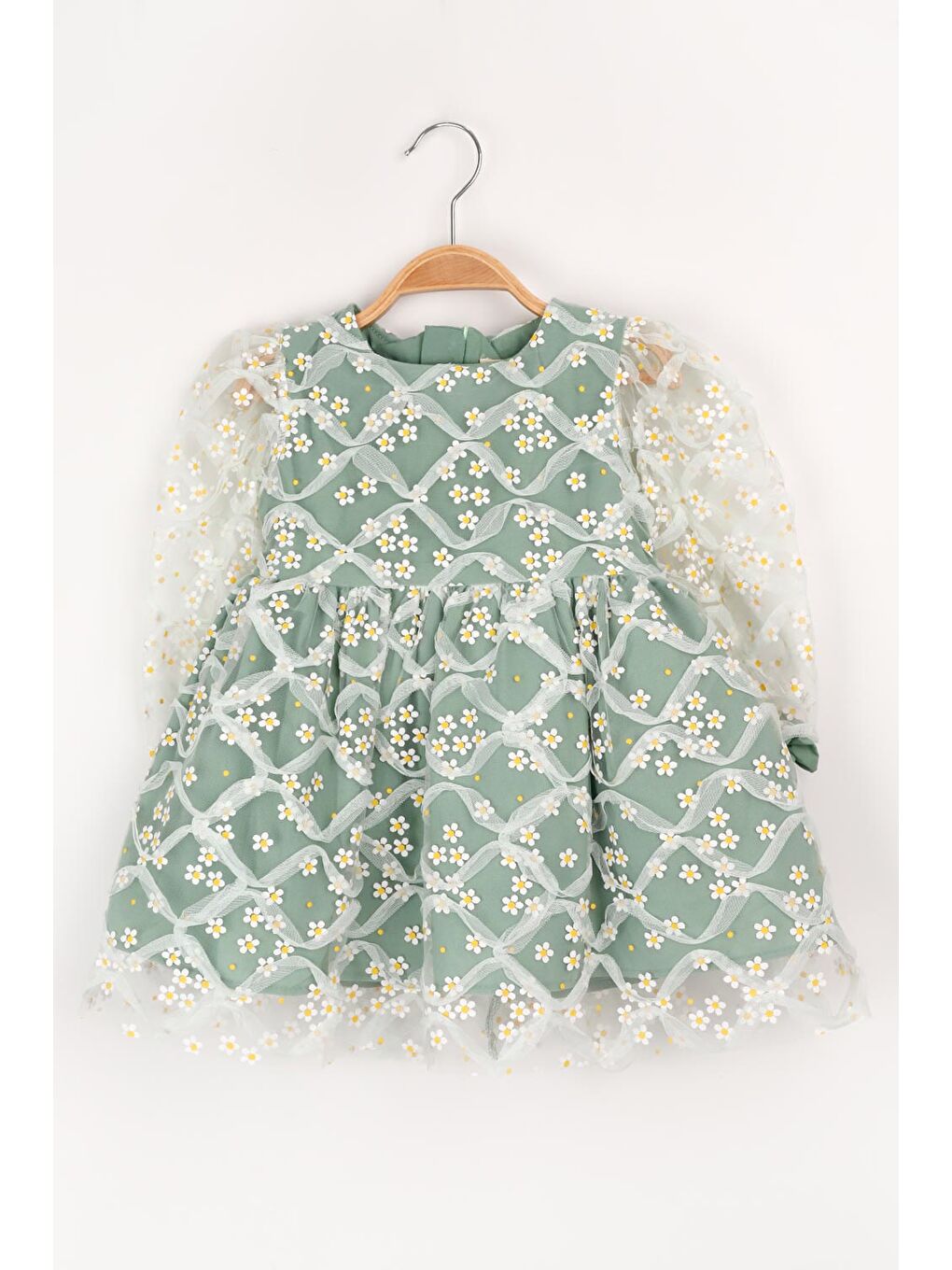 Yeşil Uzun Kollu Papatyalı Tül Detaylı Kız Çocuk Elbise - Hera-1