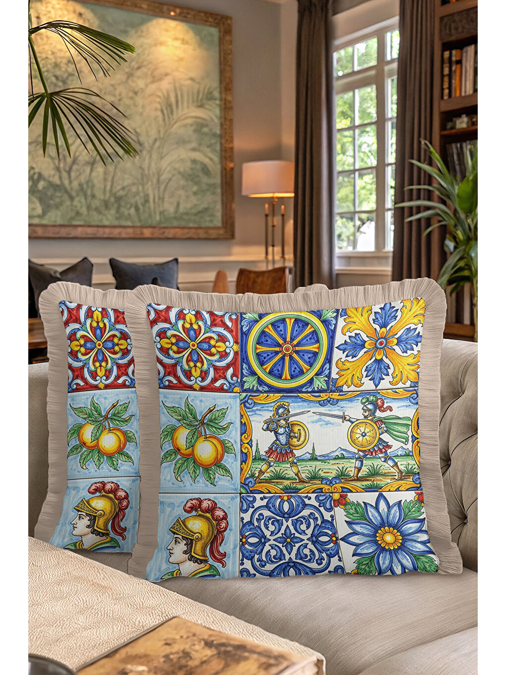 Karışık Lüks Akdeniz Mozaik Saçaklı Yastık Kılıfı - Renkli Retro Klasik Altın Renkli Püsküllü Kırlent Kılıfı-7