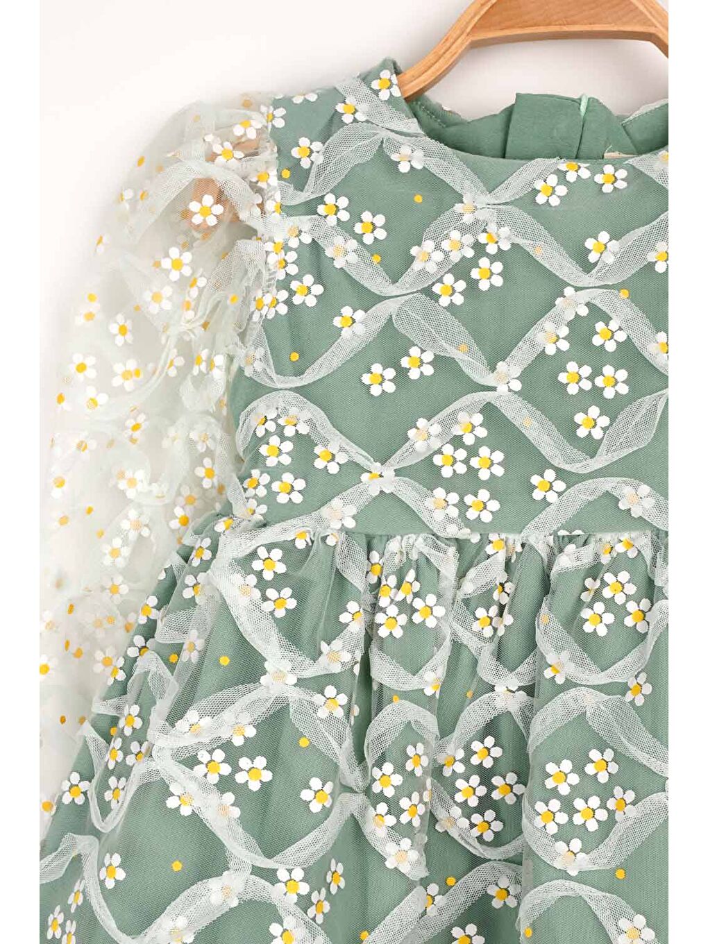 Yeşil Uzun Kollu Papatyalı Tül Detaylı Kız Çocuk Elbise - Hera-3