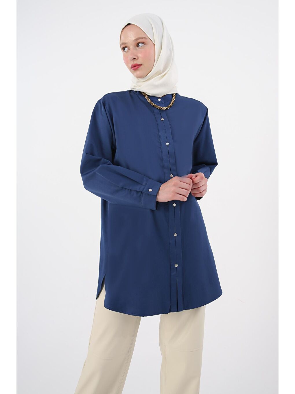 Lacivert Hakim Yaka Saten Gömlek Tunik-4