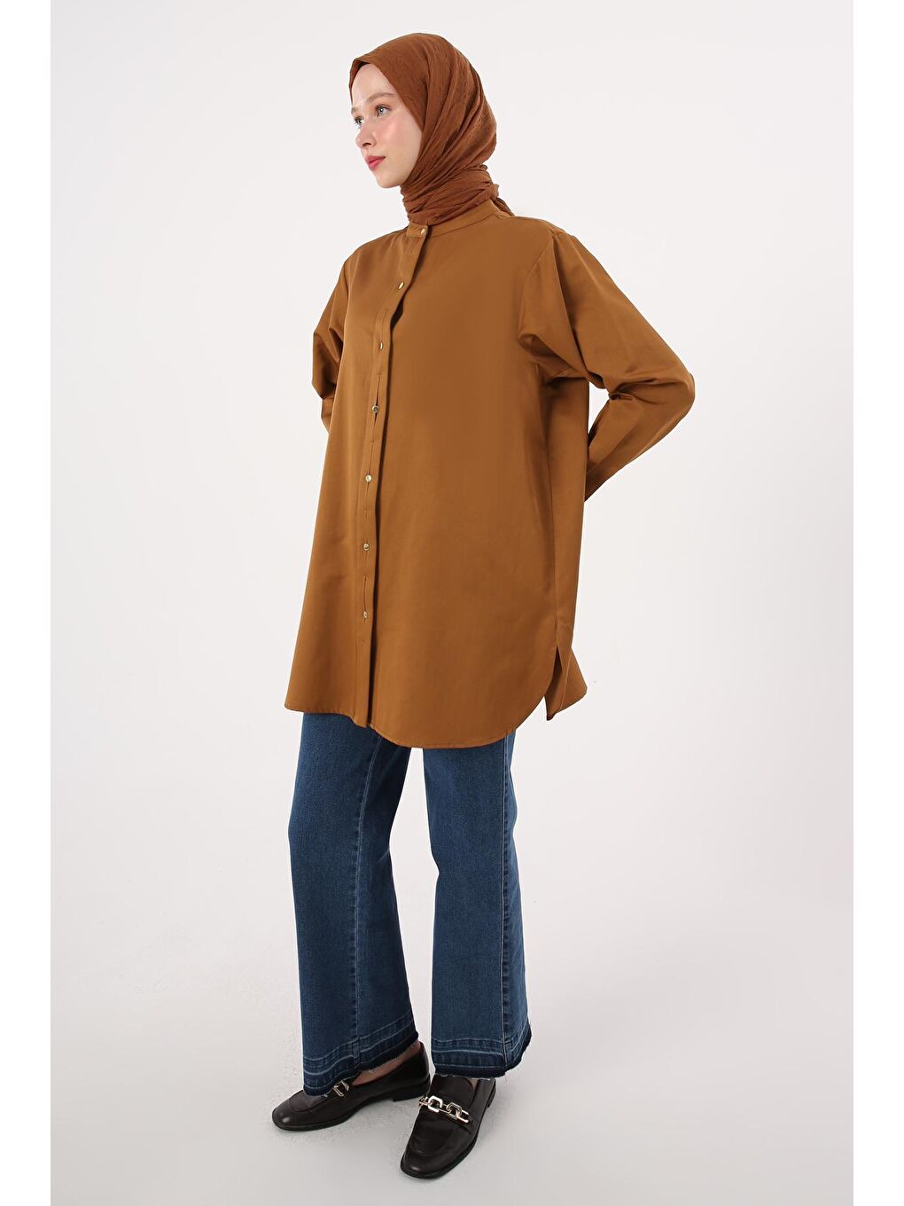 Kahverengi Kahve Hakim Yaka Saten Gömlek Tunik
