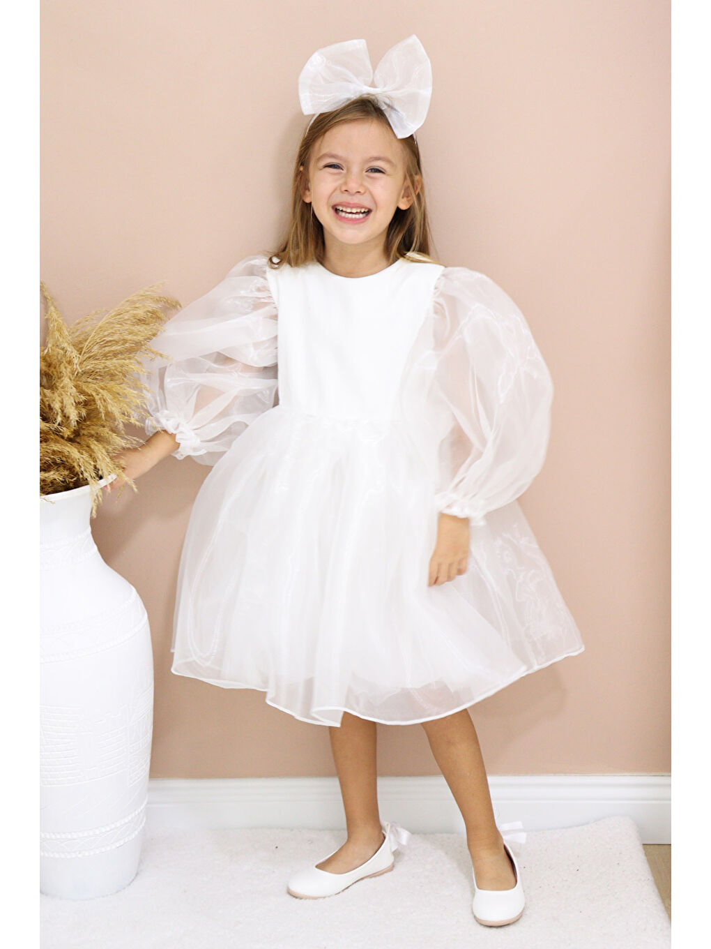 Beyaz Uzun Kollu Organze Kız Çocuk Parti Elbisesi - Sage