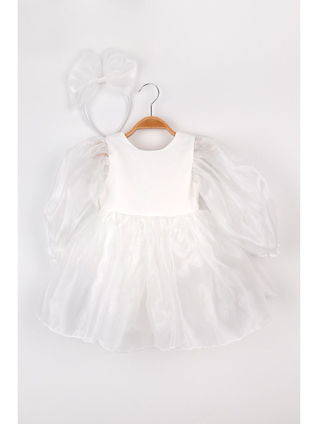 Beyaz Uzun Kollu Organze Kız Çocuk Parti Elbisesi - Sage-1