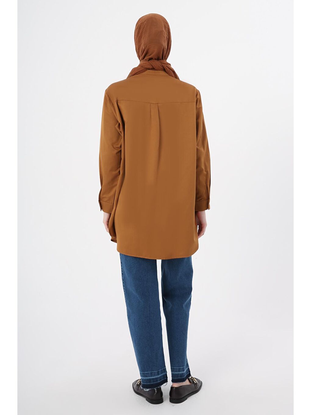 Kahverengi Kahve Hakim Yaka Saten Gömlek Tunik-3