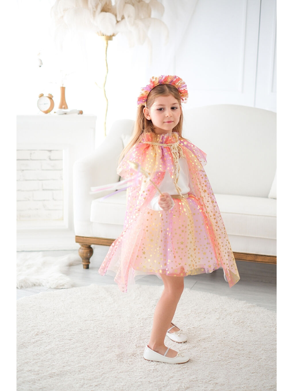 Sarı Kız Çocuk Yıldızlı Pelerin Asa ve Taç Set-1