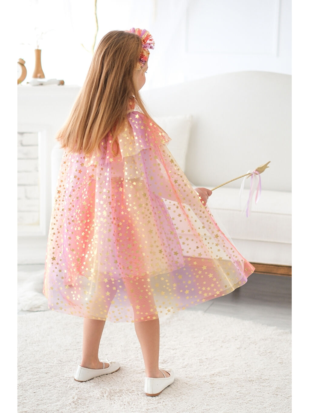 Sarı Kız Çocuk Yıldızlı Pelerin Asa ve Taç Set-2